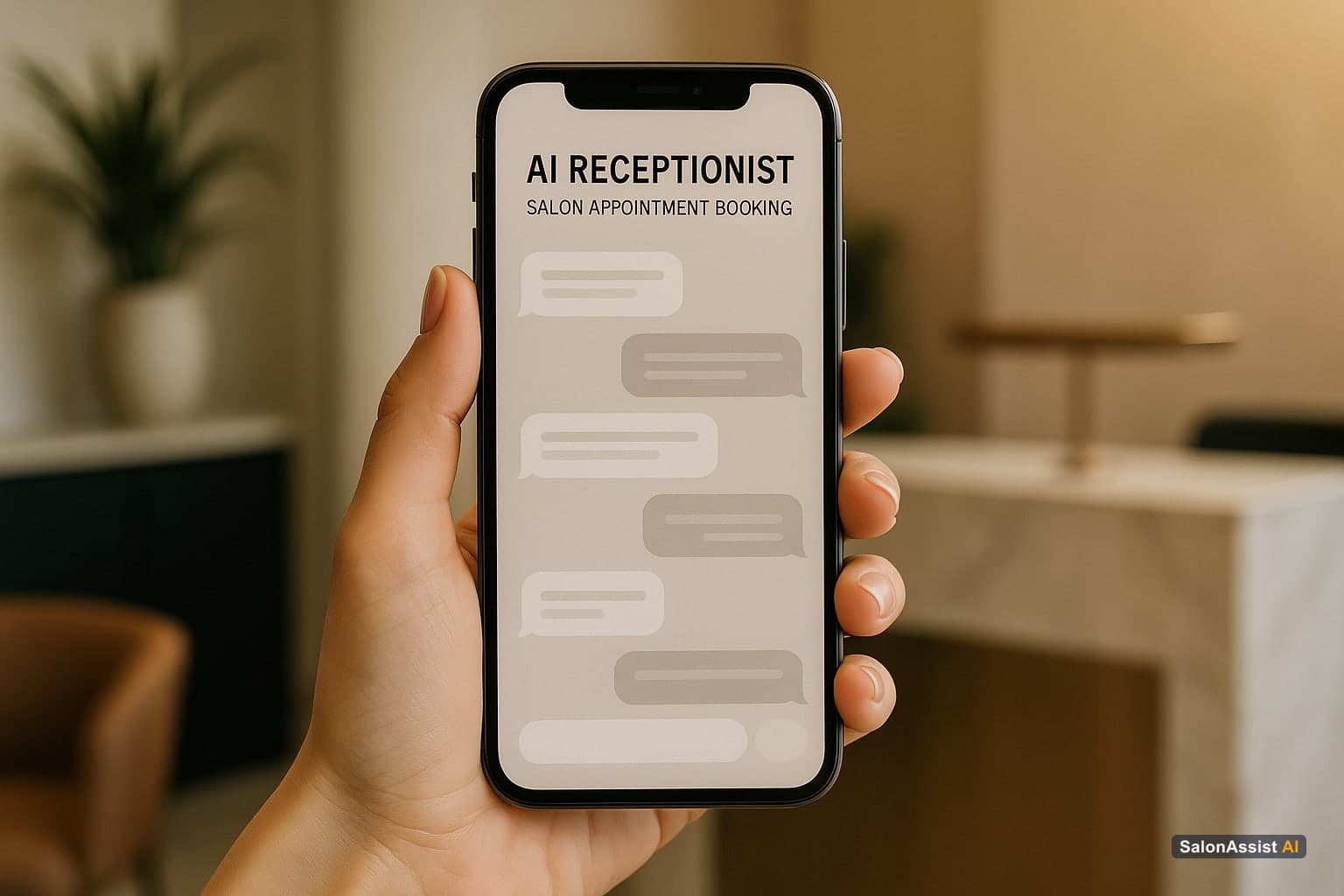 Smartphone displaying an AI receptionist chatbot interface for salon appointment booking