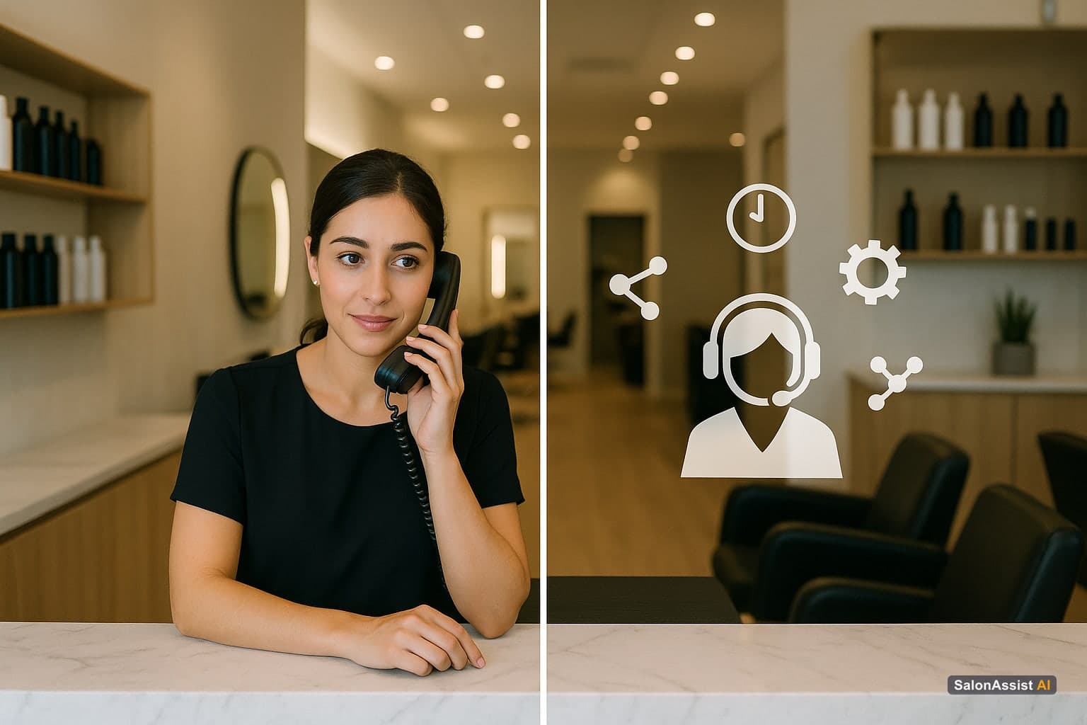 Split screen with a human receptionist on one side and AI digital icons representing automation on the other