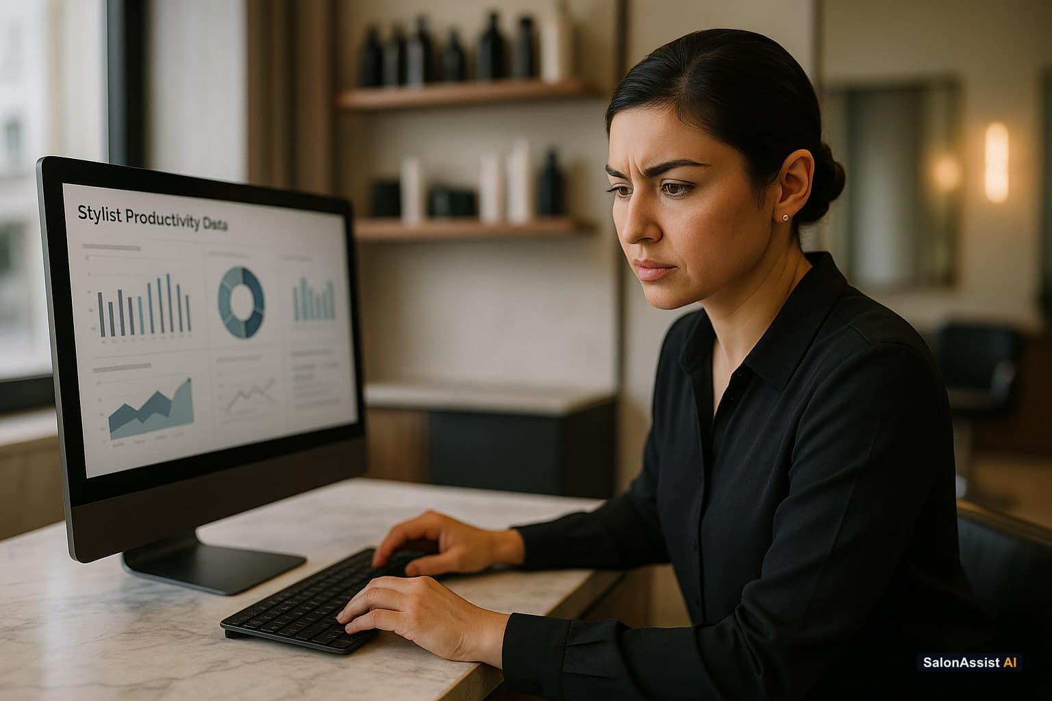 Salon manager analyzing stylist productivity metrics on a computer screen