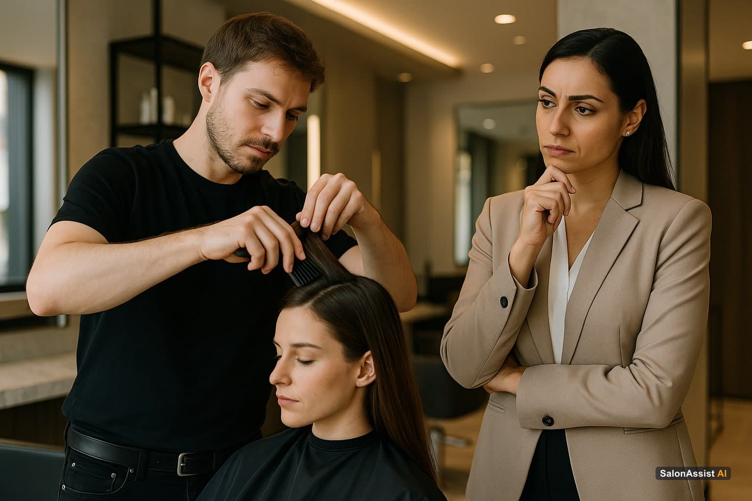Stylist performing service while manager evaluates efficiency