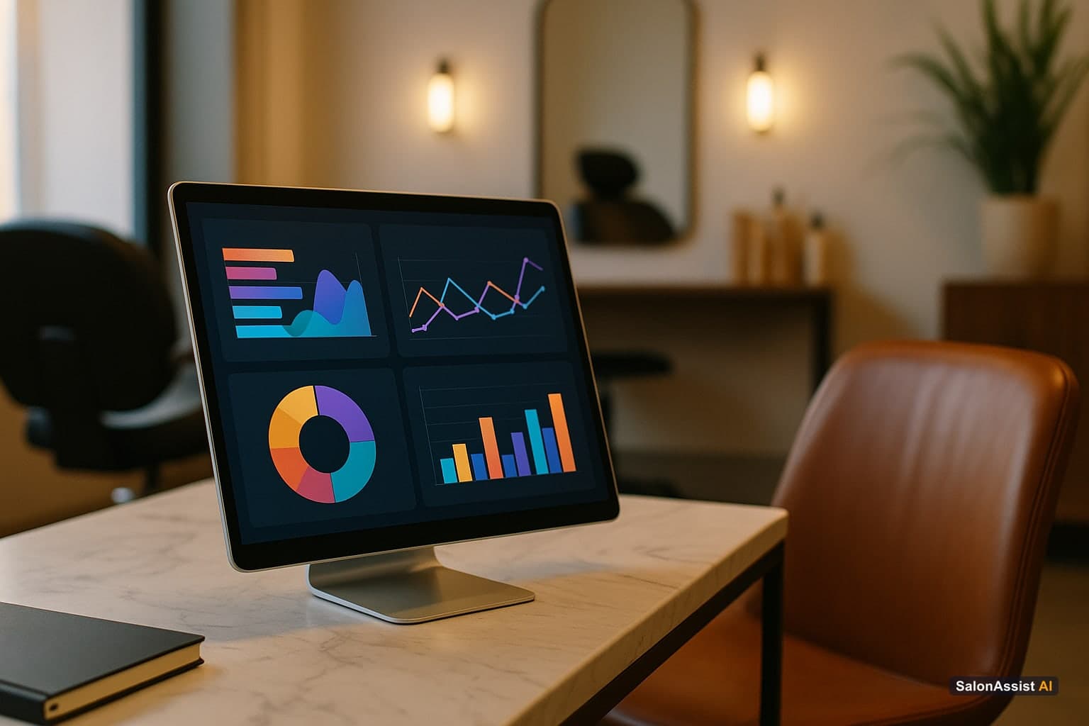 SalonAssist AI dashboard with staff productivity and booking analytics