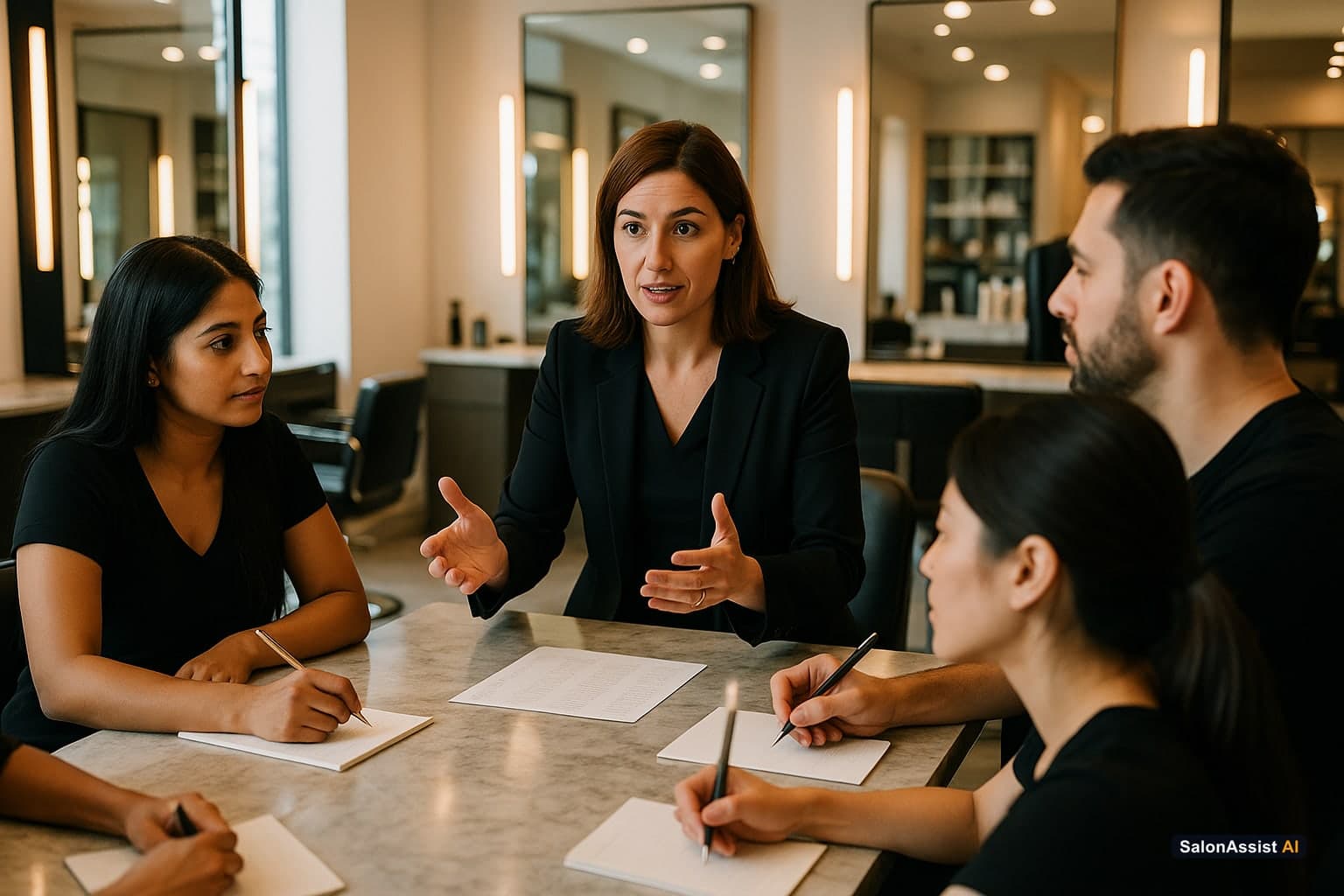 Salon team reviewing productivity benchmarks and setting goals