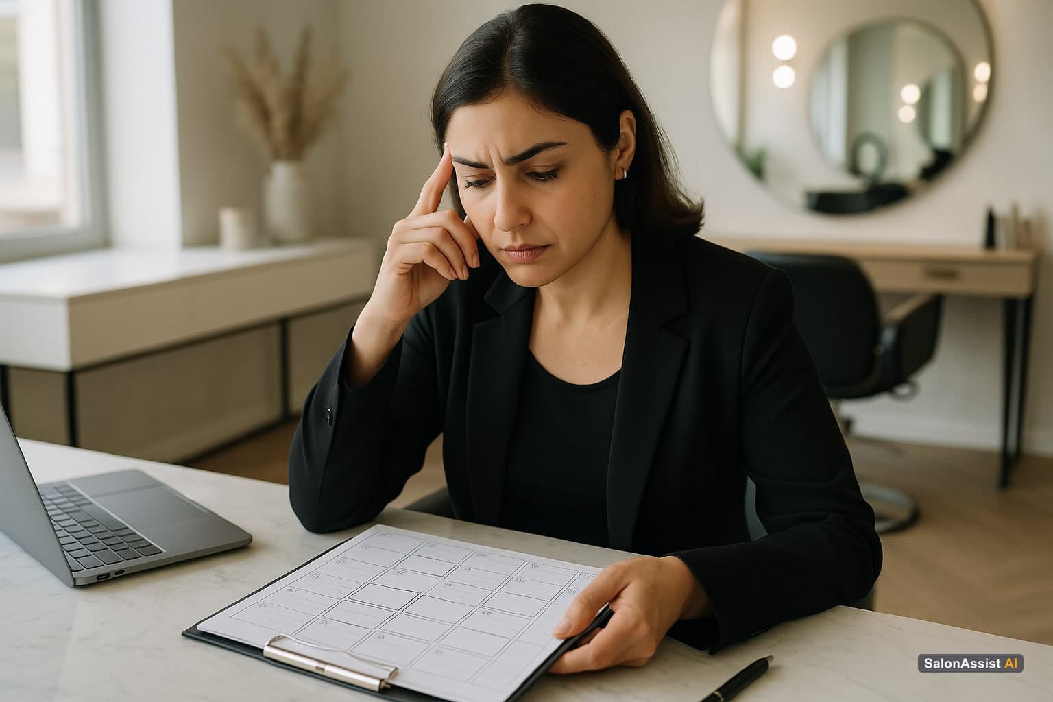 Salon owner reviewing appointment calendar with cancellation gaps