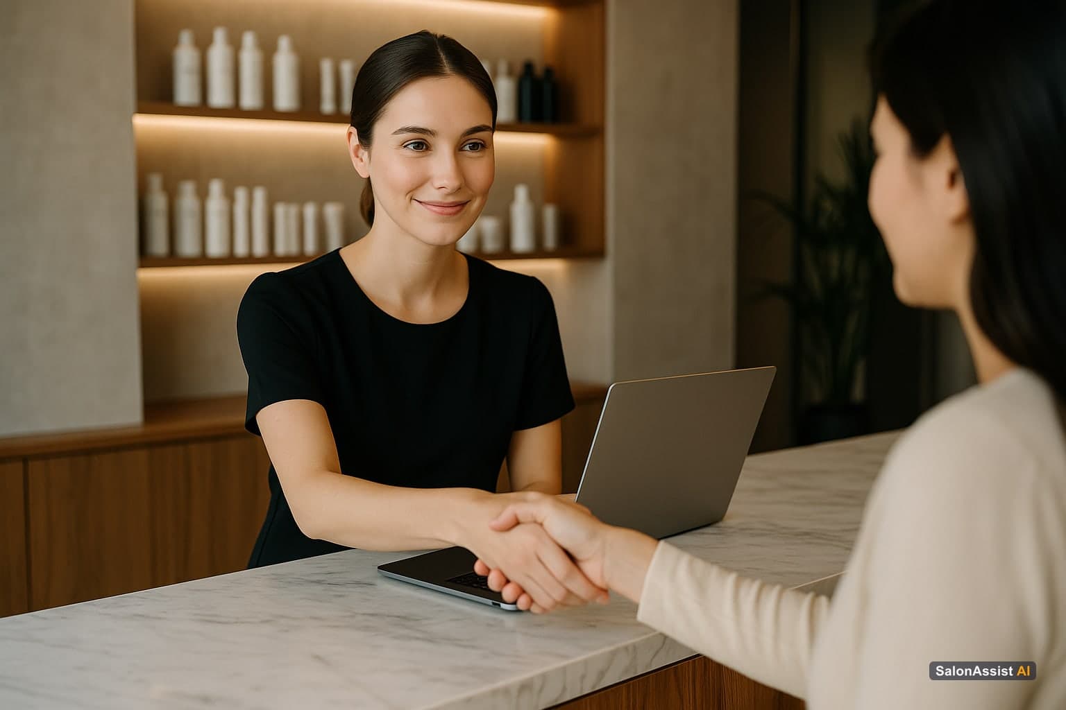 Salon receptionist focusing on clients while AI manages cancellation calls