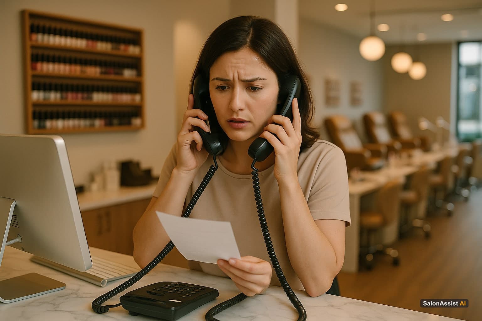 Nail salon receptionist handling multiple phone calls while attending to walk-in customers