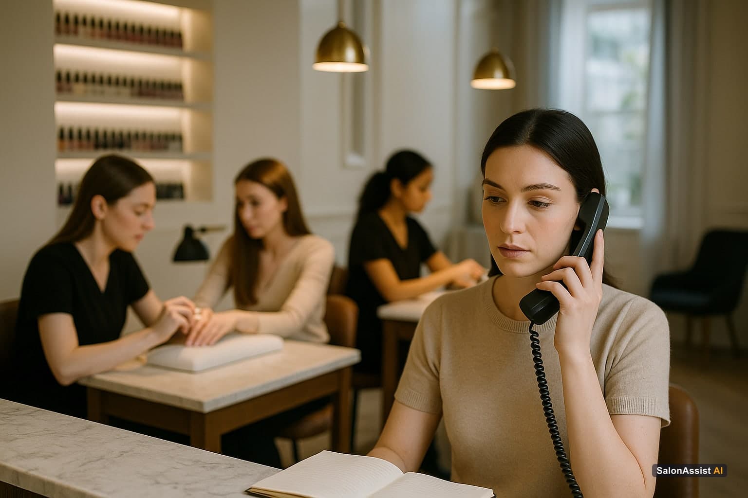 Nail salon technicians attending clients while AI booking software handles incoming appointment calls at the front desk