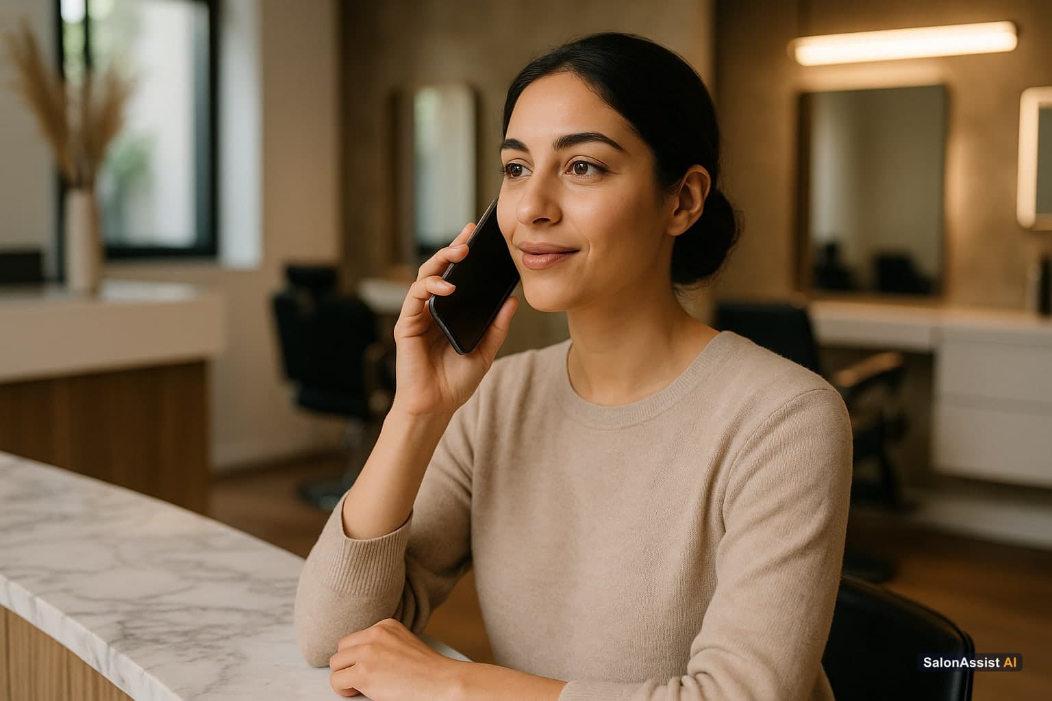 Smartphone displaying an AI-powered voice assistant booking a salon appointment in natural language