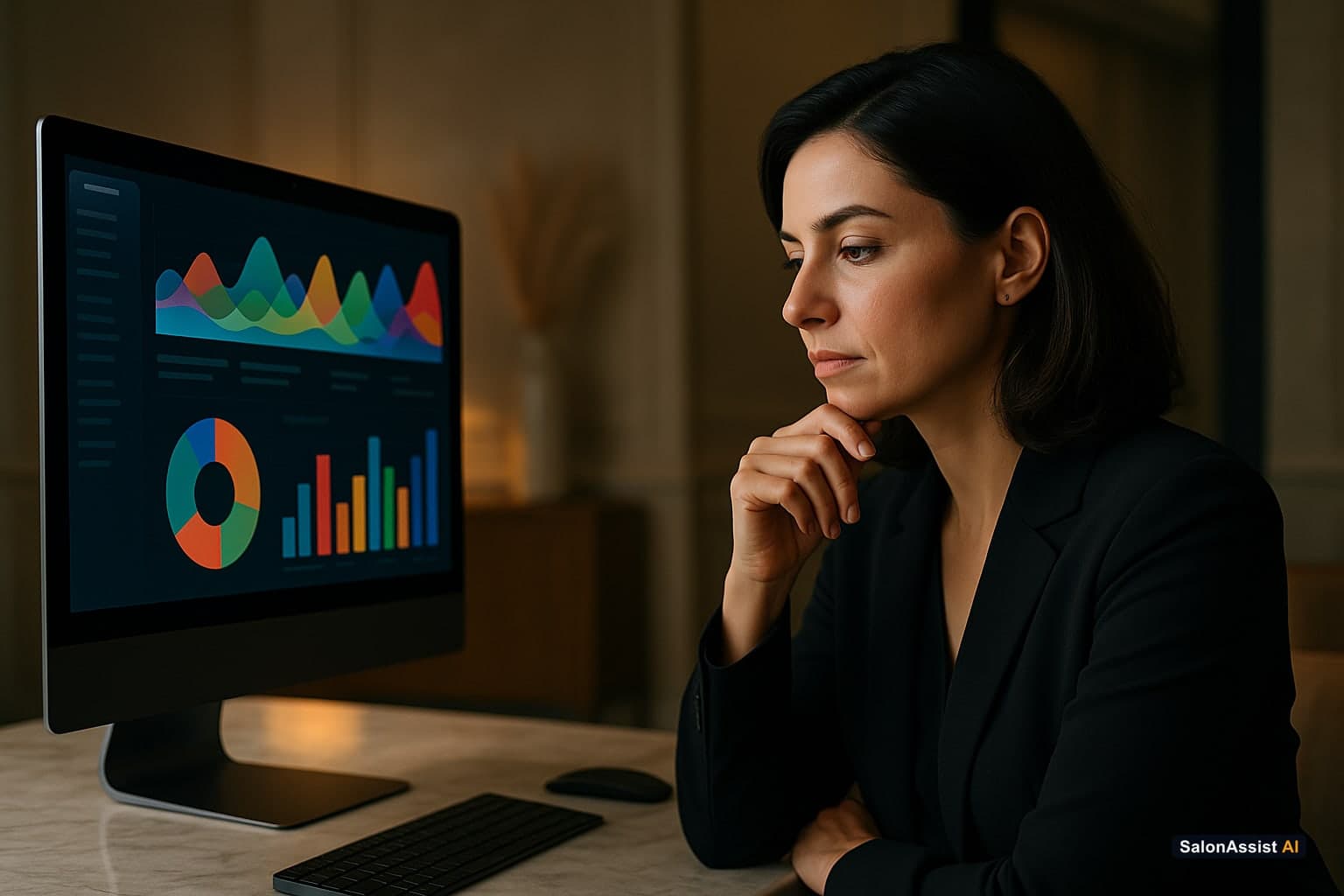 Salon business dashboard displaying AI-driven predictive analytics and client lapse detection alerts