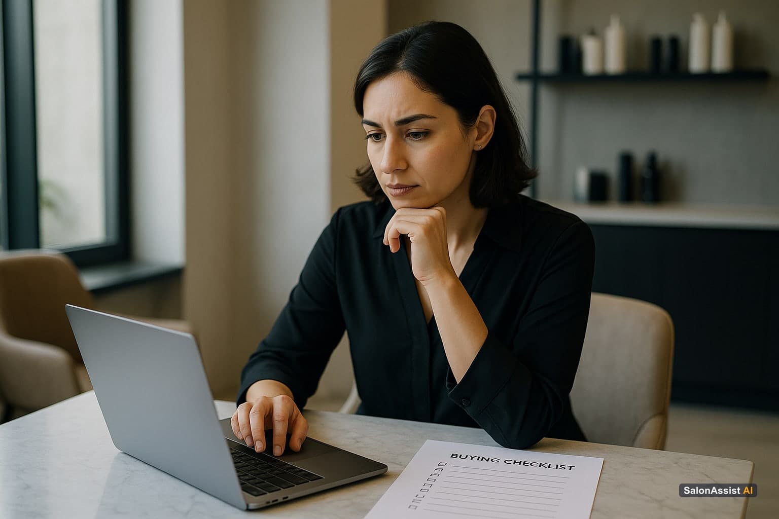 Salon owner reviewing AI salon software features on a laptop while consulting a printed buying checklist